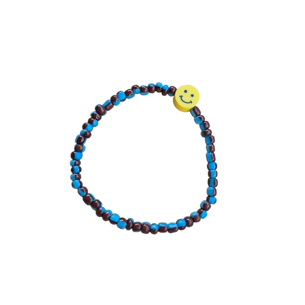 Beaded Bracelet with Smiley Charm - Blue and Brown